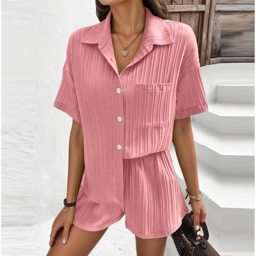 2 Piece Sets For Women T-shirt Shorts Outfits Fashion Sexy Summer Short Sleeve Pleated Midriff Suit