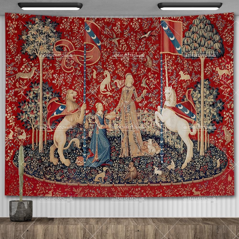 

Средневековый гобелен «Дева и единорог», настенный декор, эстетический декор комнаты, гобелен из древнего Египта, украшение для спальни в стиле макраме, ковры 30X40in 76x102cm