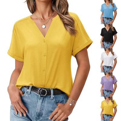 Women's Fashionable Casual Button-Down Collar Shirt, Cute Short-Sleeved V-Neck Summer Beach Vacation Top