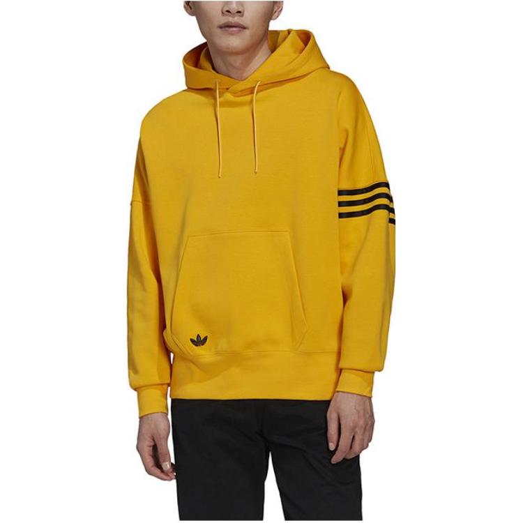 adidas Originals Kleeblatt-Logo Print Streifen Kordelzug Hoodie Langarm Sweatshirt Herren Oberteile Gelb HM1873