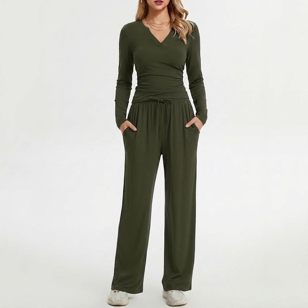 Women's Long Sleeve V Neck Pullover Top and Wide Leg Pants Lounge Set Casual Two Piece Outfit Soft Fabric Relaxed Fit