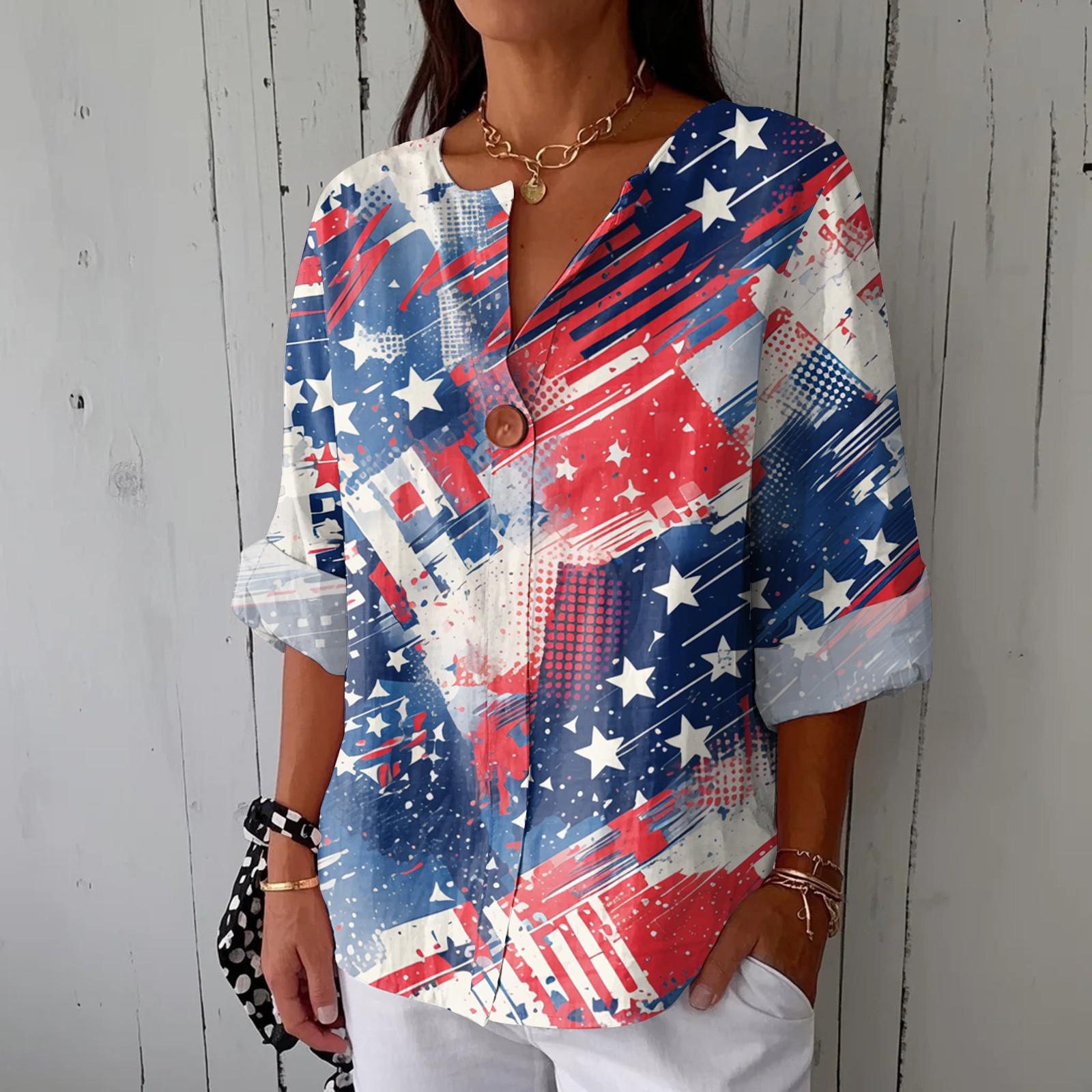 Women s Fashionable V Neck Button Seven Quarter Sleeve Printed Casual Top XXL красный