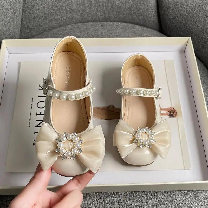 2024 New Soft Kids Fashion Girls Mary Jane Shoes Bow with Pearls Versatile Simple Children Casual Shoes Platform Moccasin Shoes