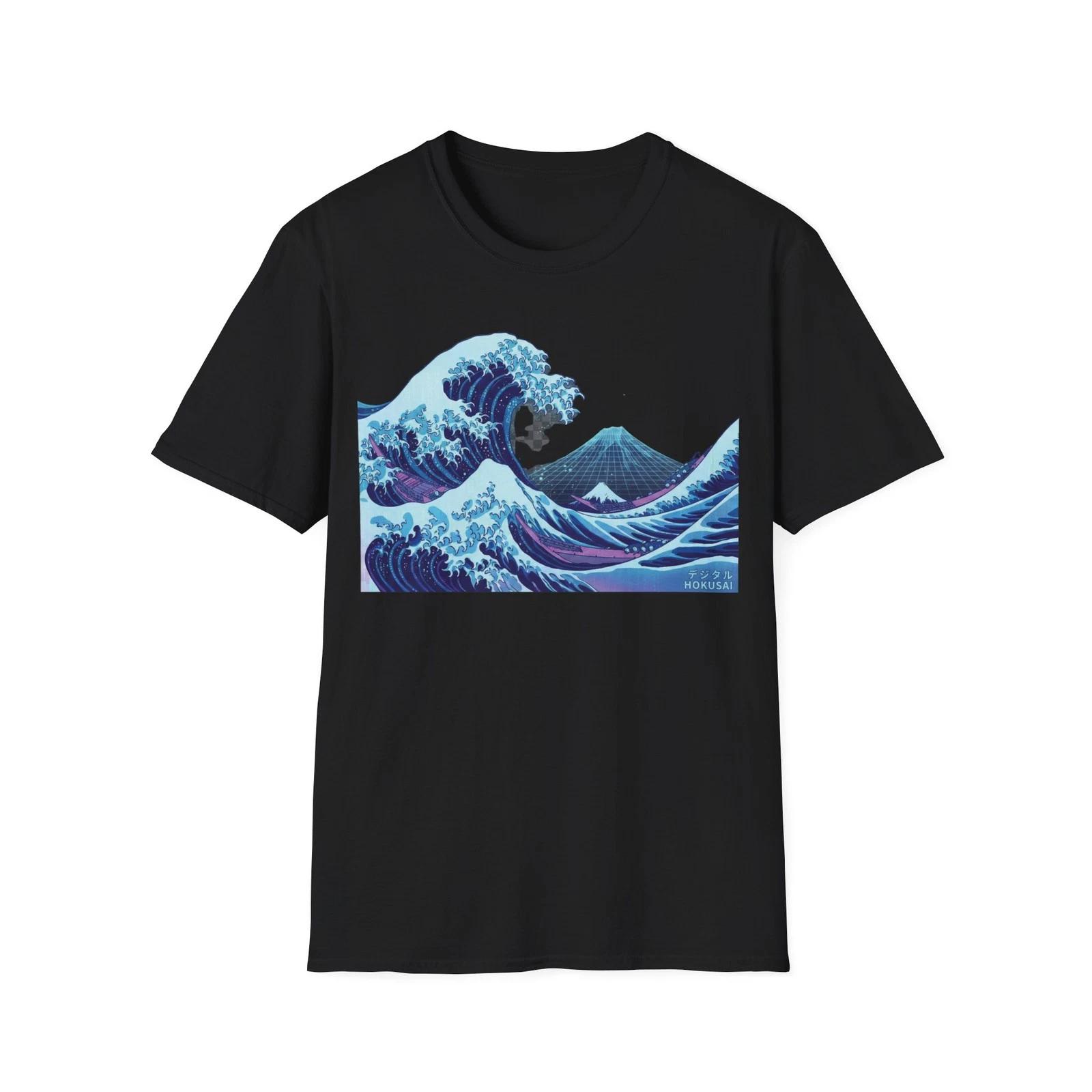 Neon Great Wave T-Shirt Japanese Vaporwave Hokusai Art Streetwear Tee Men Gift L