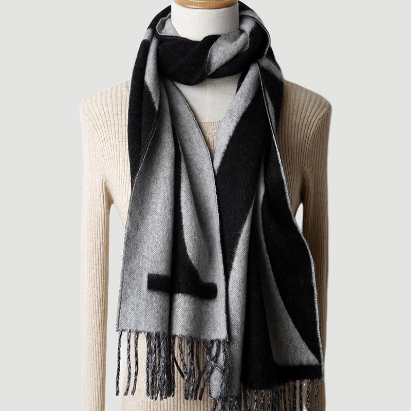 Геометрический шарф из жаккардовой шерсти ягненка: Двусторонний, Плотный, Теплый, Женский Осенне-Зимний Шарф