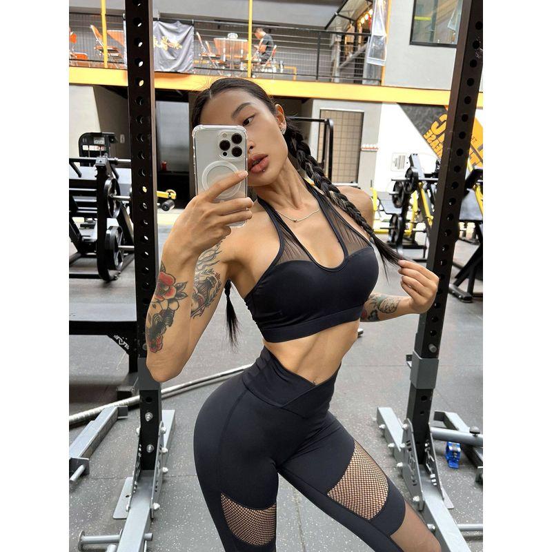 Suit Mesh Patchwork Halter Bra Sexy European and American Sports Fitness Yoga High Waist Tight Peach Hip Raise Pants
