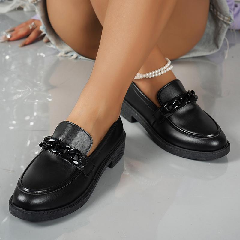 Fashion Chain Decor Patent Leather Women's Loafers Comfortable Slip On Med Heel Student Shoes Woman Plus Size Point Toe Oxford Shoes 42