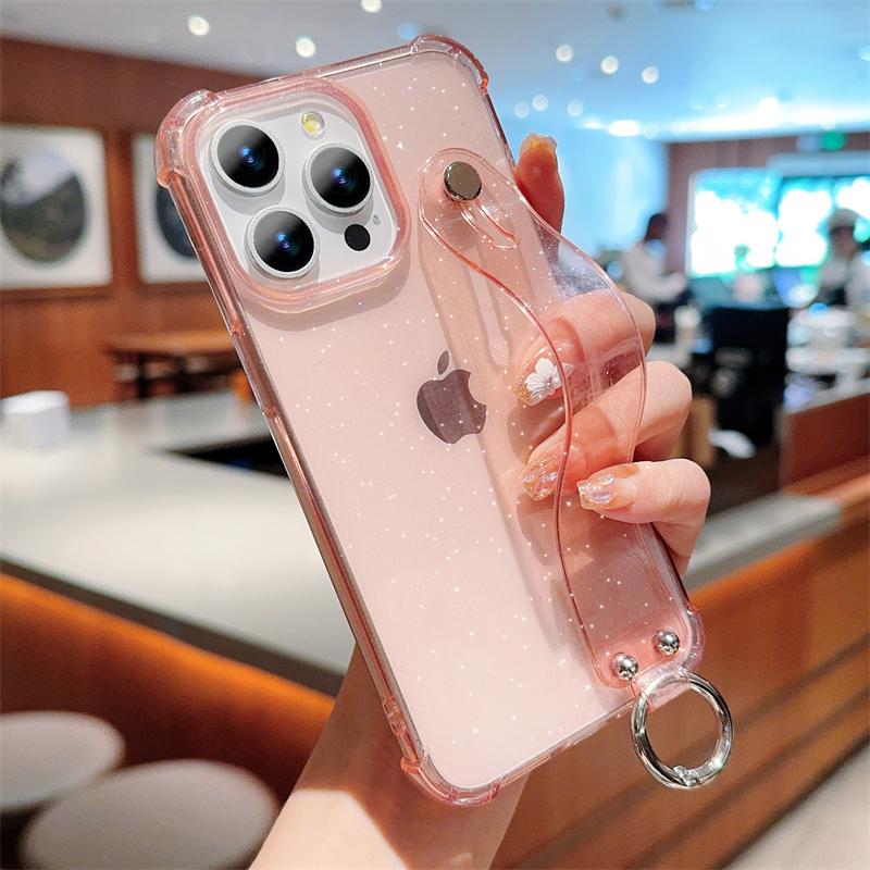 Luxury Glitter Transparent Wrist Strap Case For iPhone 11 12 13 14 15 16 Pro Max XR X XS 7 8 Plus Silicone Soft Shockproof Cover