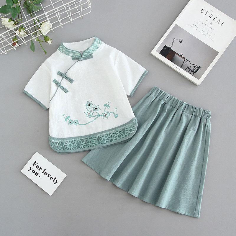 Kız Çocuk Yabancı Stil Retro Çin Stili Hanbok Takımı Küçük Kız Çiğsam Yarım Etek Yaz İki Parça Takım
