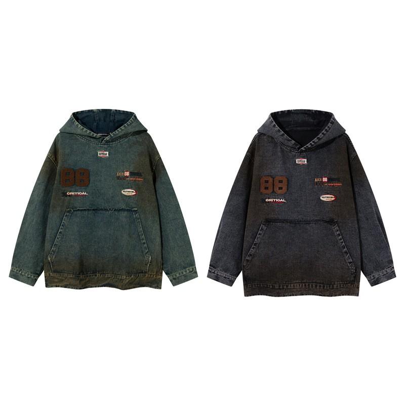 Unisex Oversized Hooded Sweatshirt With Distressed Embroidery Washed Denim Style Streetwear Casual Winter Top