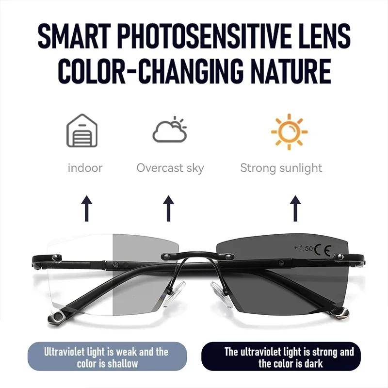 Rimless Photochromic Reading Glasses for Wen Women High Definition Multifocal Glasses Fashion Vintage Presbyopia Eyeglasses