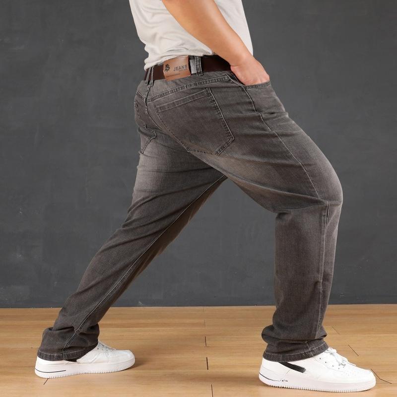 Podzimní džíny s vysokým pasem, vysoce strečové, volného střihu s rovnými nohavicemi pro muže, elastické kalhoty plus size