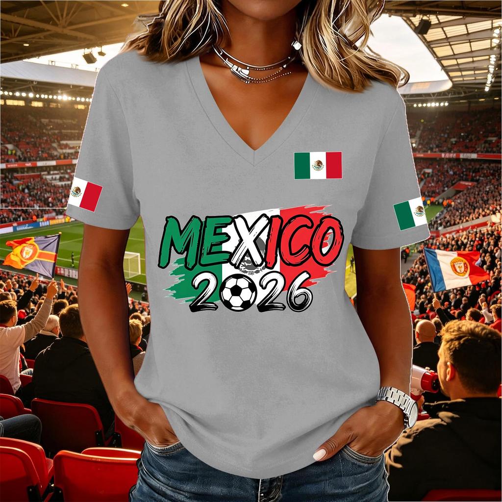 Women's Casual V Neck Pullover Short Sleeve Top Soccer National Flag Print Support Shirt Mexico 2026 Design Lightweight Comfortable Fit