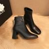 Versatile Short Boots! Skinny Boots Thick Heel Women's Autumn and Winter Velvet Square Head High Heel Cowhide Bare Boots 7cm Small Man Looks Tall
