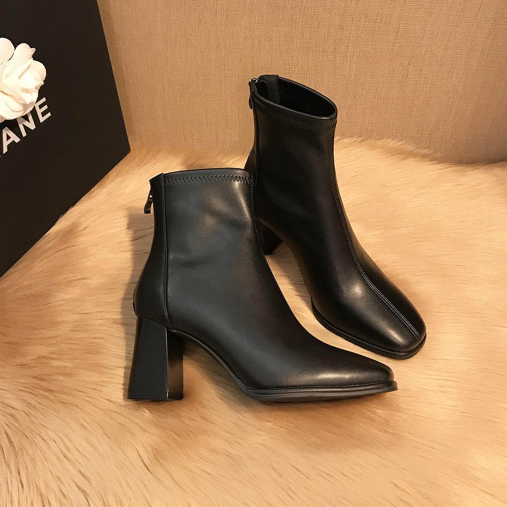 Versatile Short Boots! Skinny Boots Thick Heel Women's Autumn and Winter Velvet Square Head High Heel Cowhide Bare Boots 7cm Small Man Looks Tall
