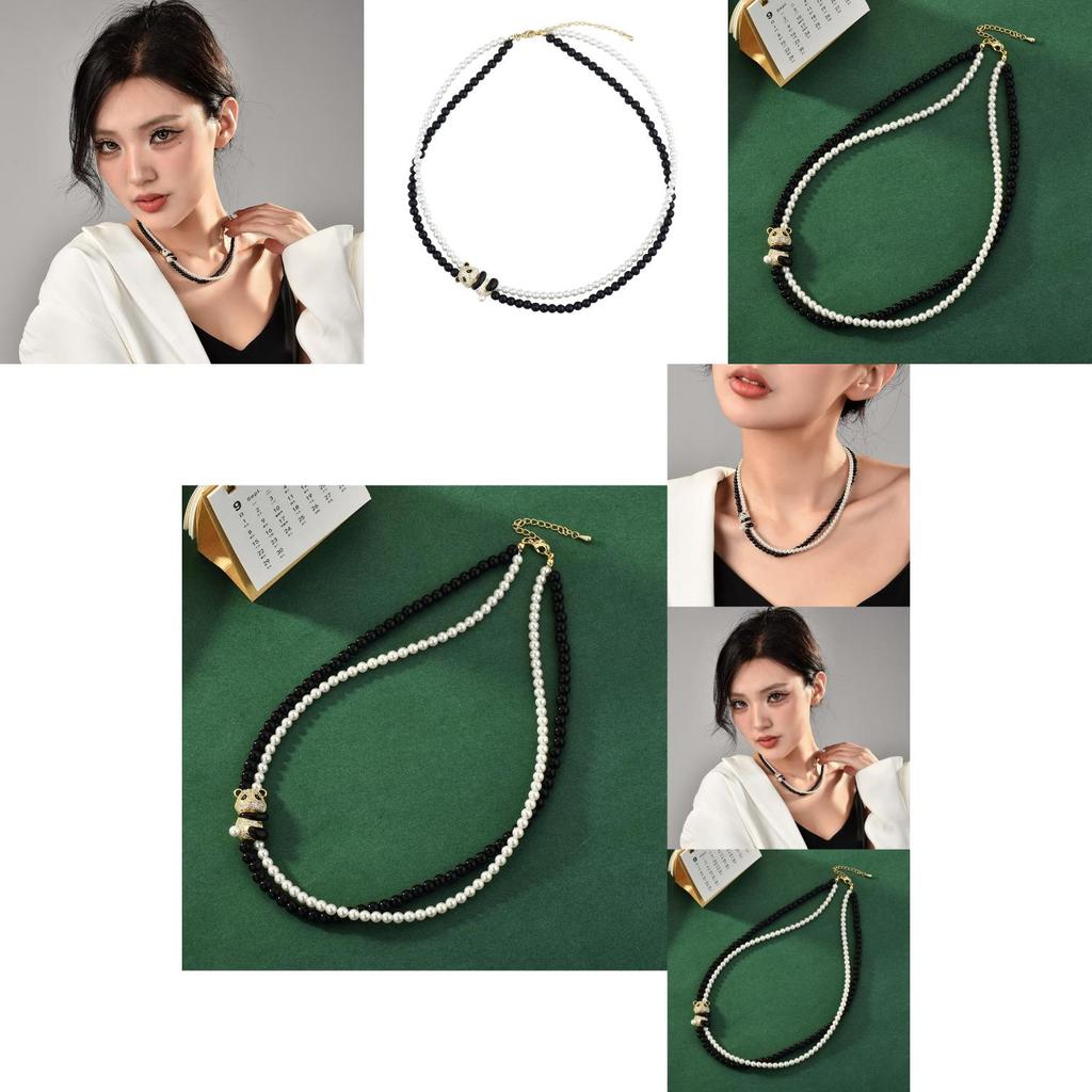 Chic Retro Style Pearl And Crystal Choker Necklace With Charming Panda For Unisex Wear
