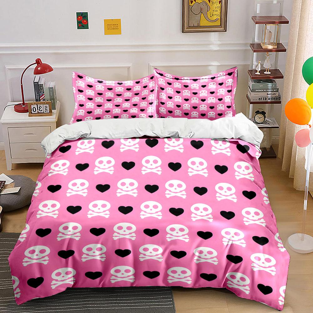 Pink Skull and Heart Bedding Set Bedding Duvet Cover Set Duvet Cover Pillowcases (1 * Duvet Cover 2 * Pillowcases, without duvet insert)