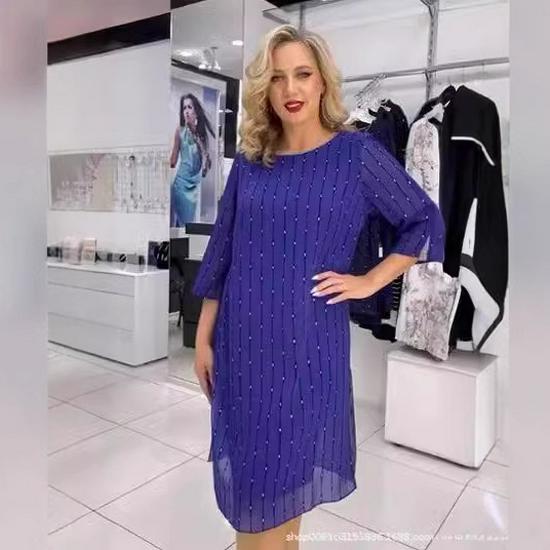 2026 Spring/Autumn Women's Slim-Fit Printed Midi A-line Dress with Round Neck