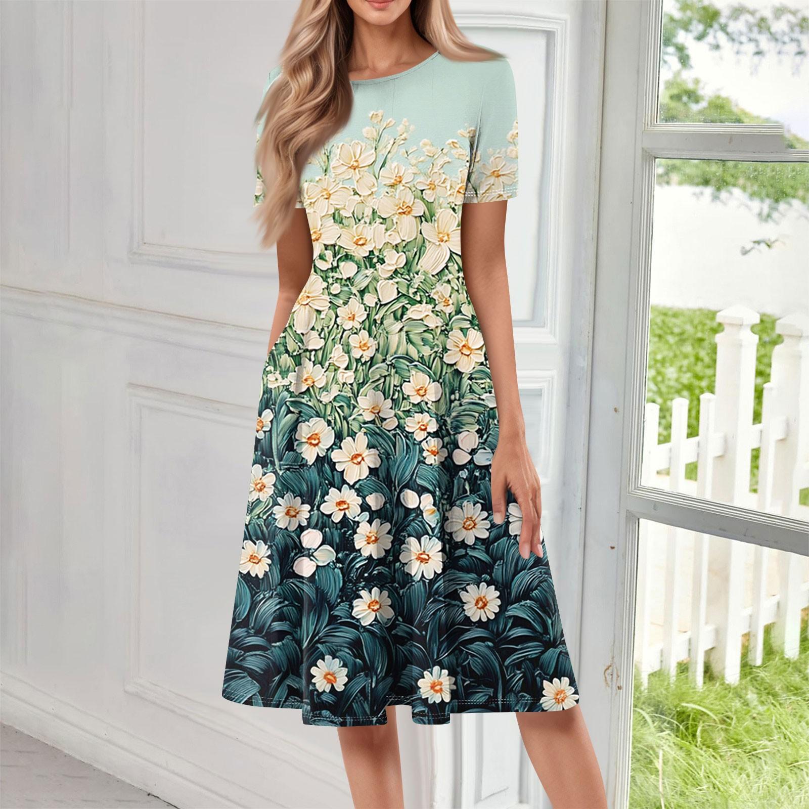 

Женское свободное повседневное и модное платье с круглым вырезом и короткими рукавами, средней длины с принтом XXXL темно-зеленого