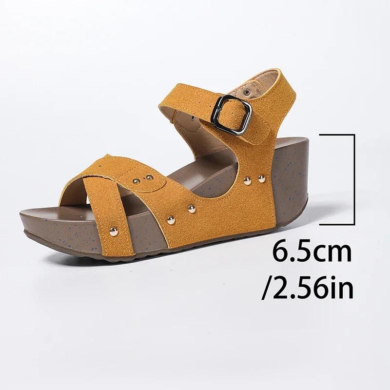 Fashion Vintage Rivet Brown Ankle Strap Sandals Women Summer 2025 Chunky Platform Wedge Heels Rome Shoes Woman Plus Size Sandalias Mujer