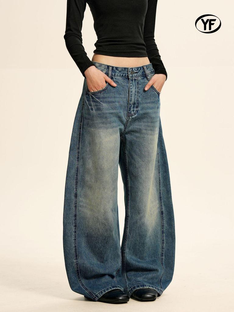 Yongfang Unisex Retro Wide-Leg Curved Jeans - Washed & Distressed Finish, Banana Pants Style.
