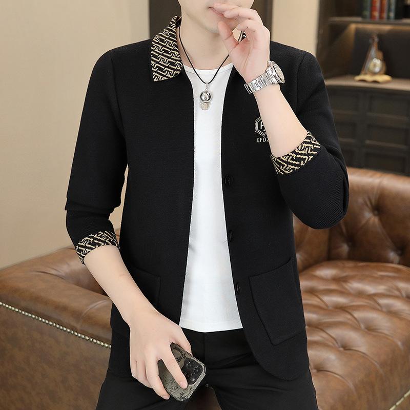 

Осень и зима новый кардиган свитер мужской повседневный вязаный свитер лацкан длинный рукав корейская версия, куртка осенний модный свитер 190 чёрный