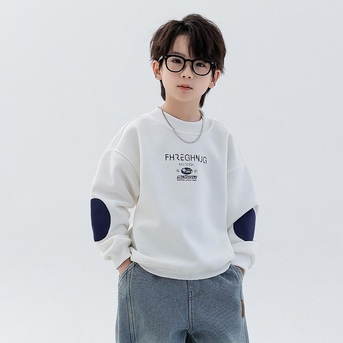 Boys Winter 2025 Plus Velvet Hoodie: Stylish Thick Long Sleeve Round Neck Sweatshirt for Kids 110