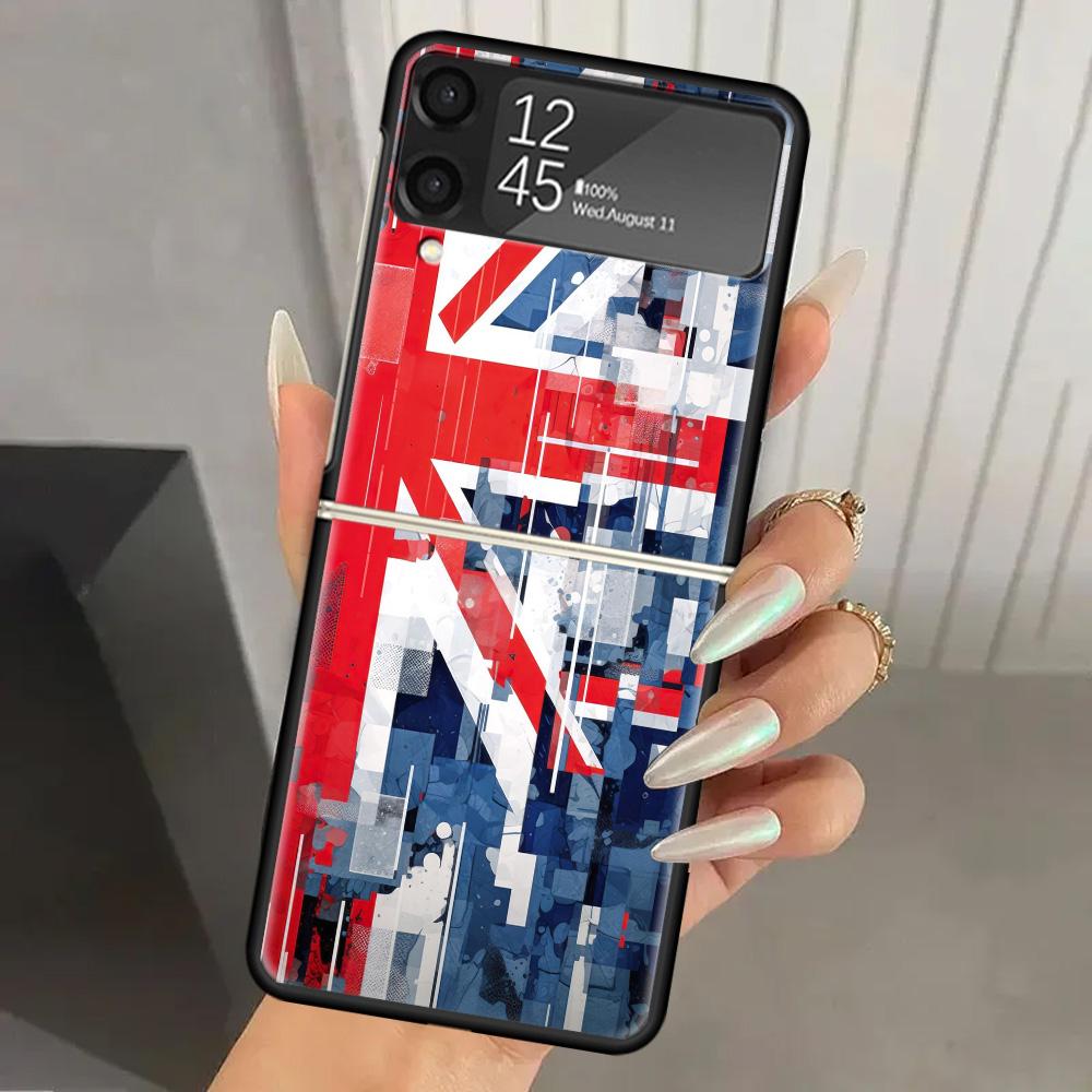 Union Jack England UK Flag Hard PC Phone Case For Samsung Galaxy Z Flip 7 6 5 4 3 Black ZFlip7 ZFlip6 Flip5 Flip4 Flip3 5G Print