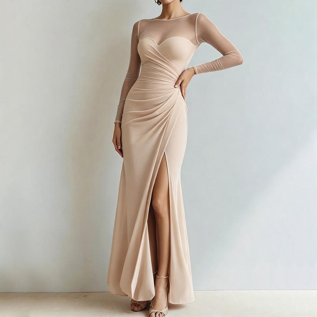 Women's Sheer Mesh Long Sleeve Pleated High Slit Bodycon Evening Dress for Wedding Guest Cocktail Party