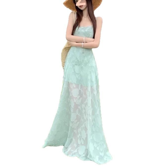 Summer French mesh jacquard sexy babes suspender dress women's vacation style waist pendulum long skirt