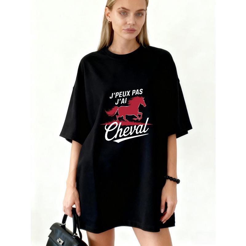 Oversized T Shirt Black Horse Print And Text J Peux Pas J Ai Cheval Casual Wear For Women XXXXL чёрный
