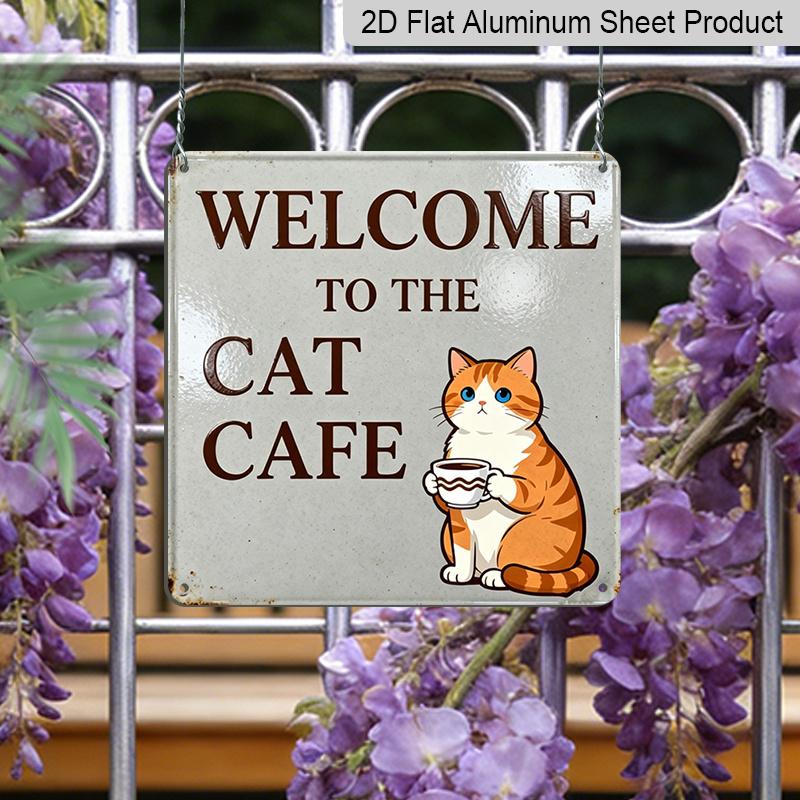 2D Flat - 1pc, Vintage Metal Sign, Outdoor Plaque & Wall Decor, Welcome To The Cat Cafe Sign, Kitchen Wall Art, Pet Room Decoration, Rustic Cozy