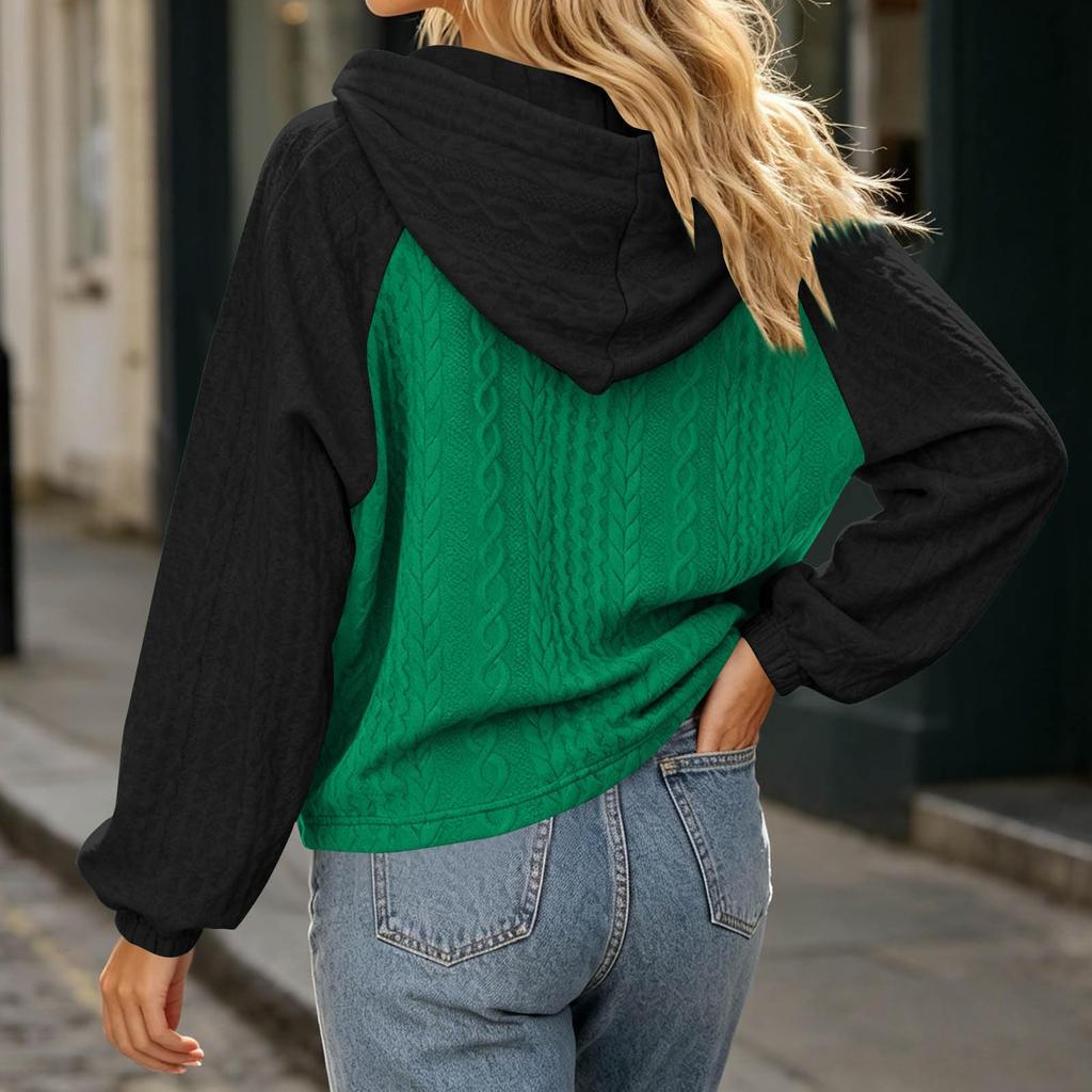 Women's Oversized Colorblock Quilted Hoodie with Drawstring - Casual Loose Fit Long Sleeve Pullover Sweatshirt