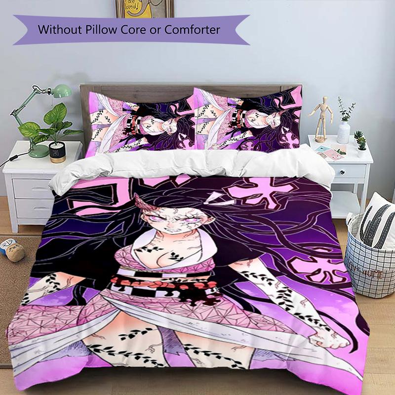 3pcs Demon Slayer Nezuko2 Pattern Bedding Set Duvet Cover Set Includes Duvet Cover &pillowcases, Perfect All Season Bedroom Decoration & Gift