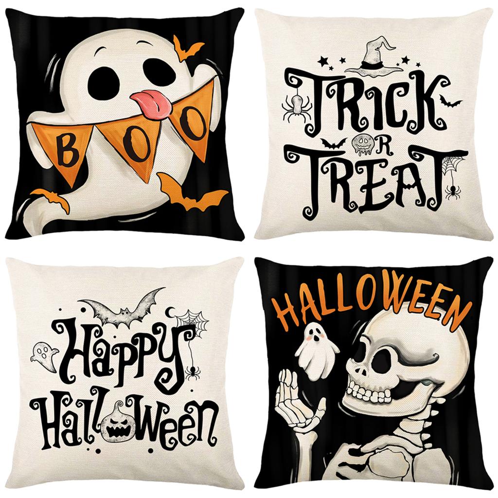 4 Pack Halloween Linen Throw Pillow Covers Cushion Case Vintage Square Pillowcase for Couch Sofa Bed Living Room Home Decor