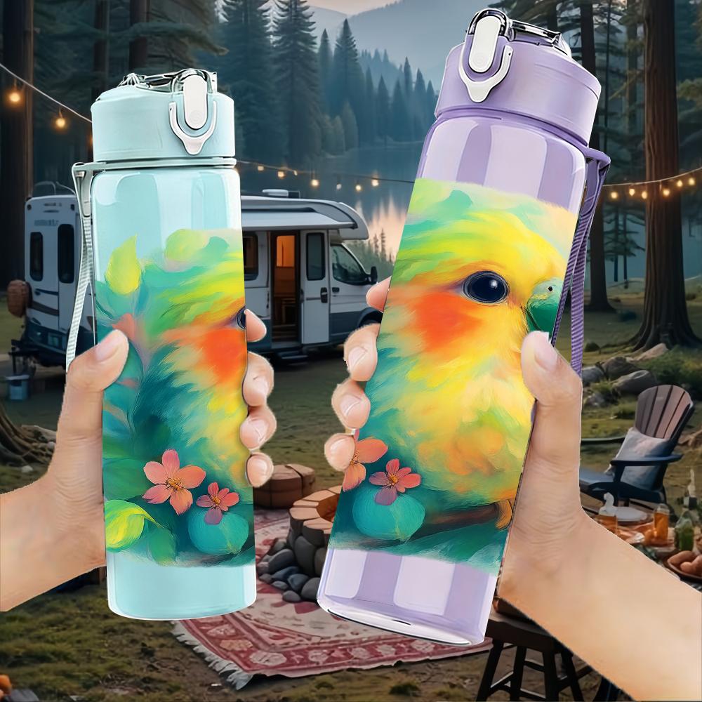 1PC Parrot Tropical Feather Splash 750ml Color Plastic Sports Water Bottle Leakproof Flip Straw Lid Suitable for Sports Office Home Use