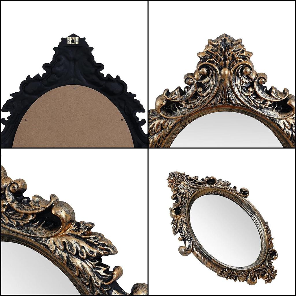 Compressed Wooden Frame Vintage Wall Mount Mirror Makeup Elegant Hanging Glass Living Room Bedroom Bathroom Basin Home Decor (64x46 Cm)