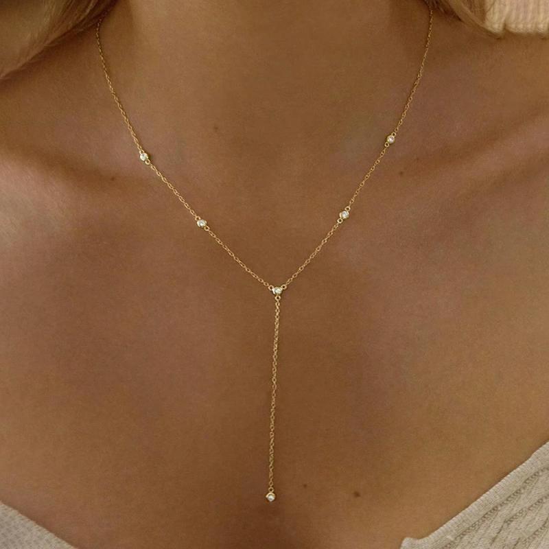 Luxury Stainless Steel Rhinestone Y Shape Necklaces for Women Temperament Fine Chain Long Necklaces Fashion Party Jewlery Gifts