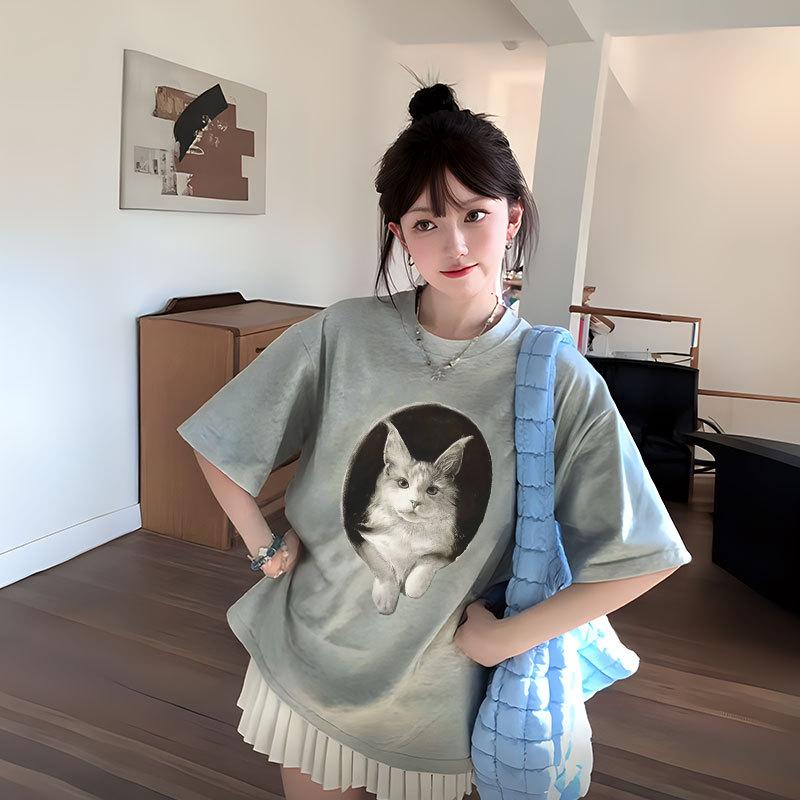 catty white t-shirt women s new summer pure cotton short-sleeved cute half-sleeved super good-looking unique and beautiful top M [excellent quality]