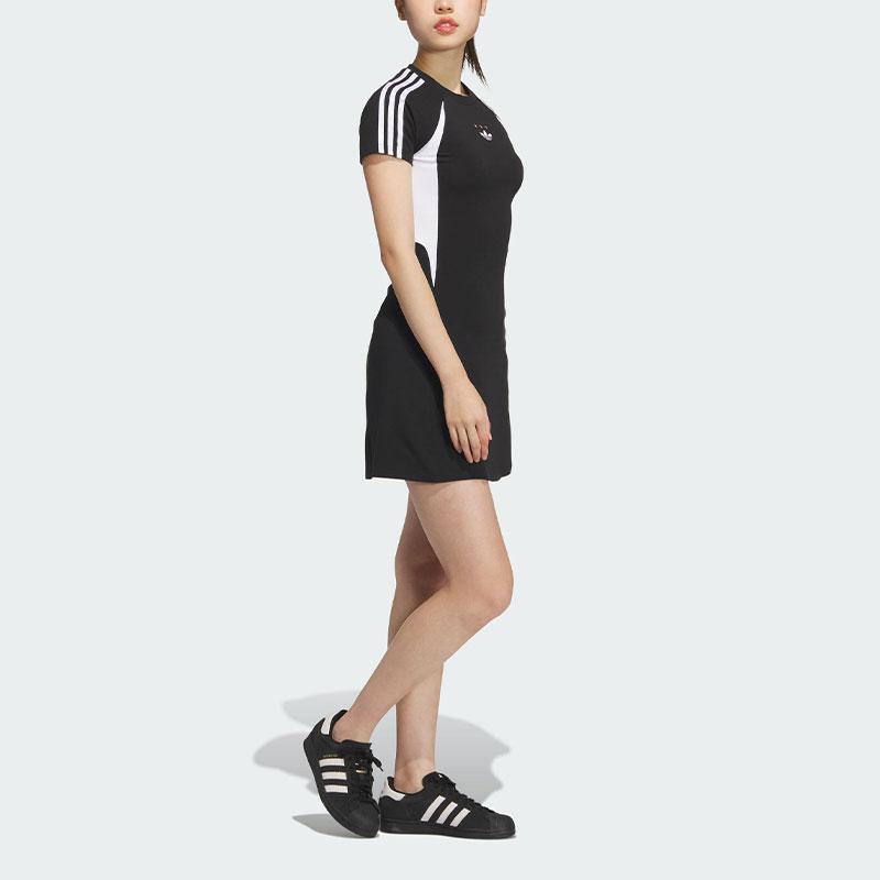Adidas Originály Ss24 Žerzejové šaty s krátkým rukávem Pruhovaný barevný blok Sportovní Slim střih Dámské šaty Černé JD1135