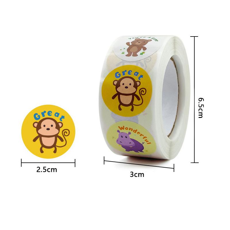 Round Reward Stickers 2/4/6/8 Rolls Self Adhesive Mixed 500Pcs/Roll Cartoon Animal Letter Stickers Gift Kids Student Teacher ZYF