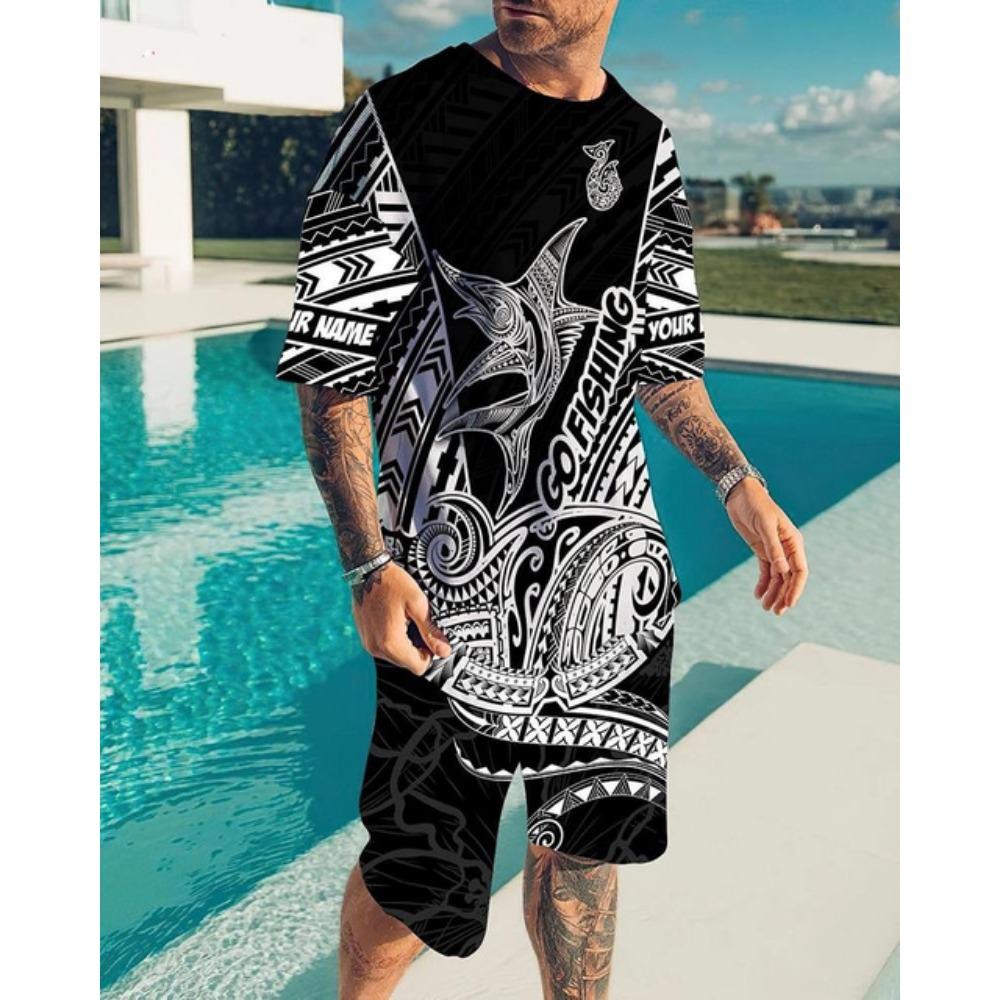 Summer Men's O-Neck Short Suit Sleeve coatGeometric Pattern Print 3D Sportswear Casual Oversized Top Shorts Breathable Sportswea