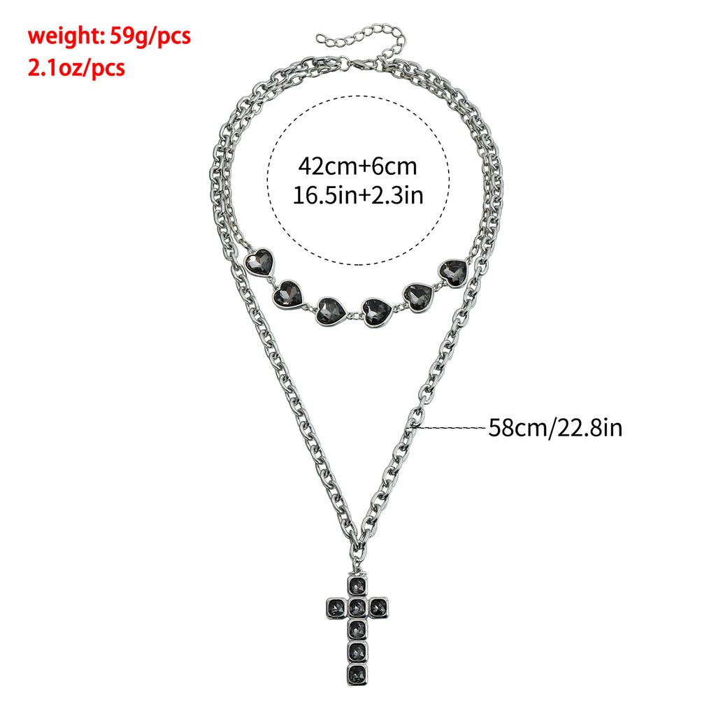 Fashion Black Rhinestone Heart Cross Pendant Necklaces for Women Punk Double Layered Silver Color Chain Necklaces Party Jewelry