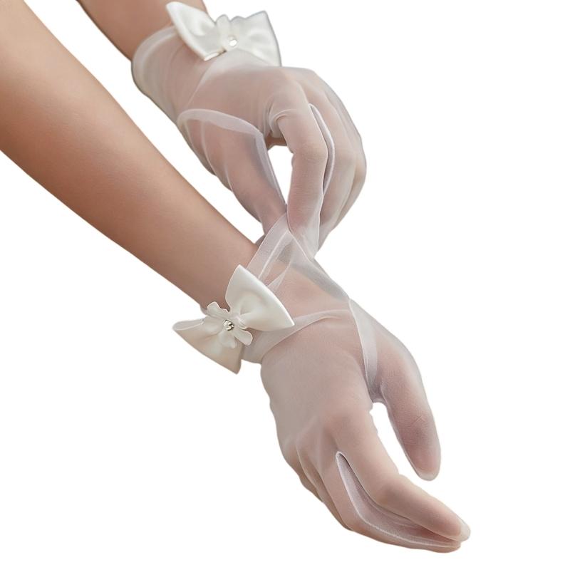 Seethrough Sheer Bowknot Bridal Gloves Elegant Nylon Easy To Wear Short Gloves for Wedding Ceremonies Bride Accessory
