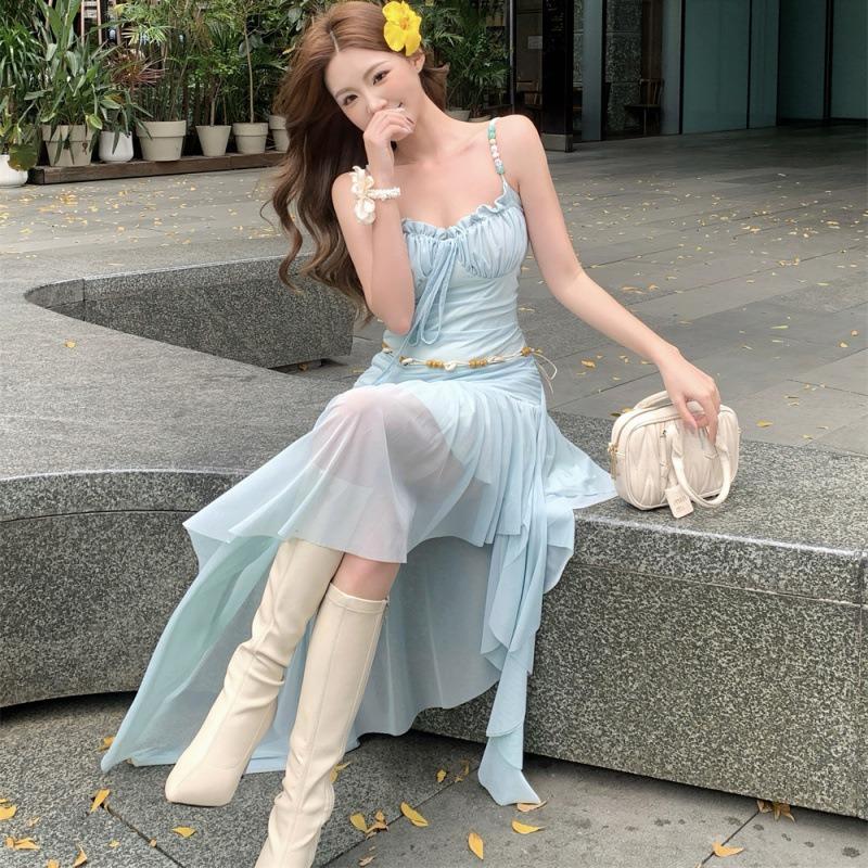 French Sexy Suspender Dress Summer Waist Skinny Seaside Holiday Beach Irregular Long Dress
