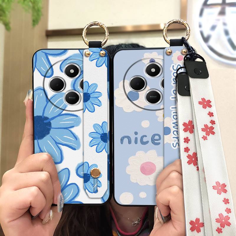 Silicone Soft case Phone Case For Redmi A4 5G Wrist Strap Ring Kickstand Flower Anti-dust Lanyard Phone Holder Durable