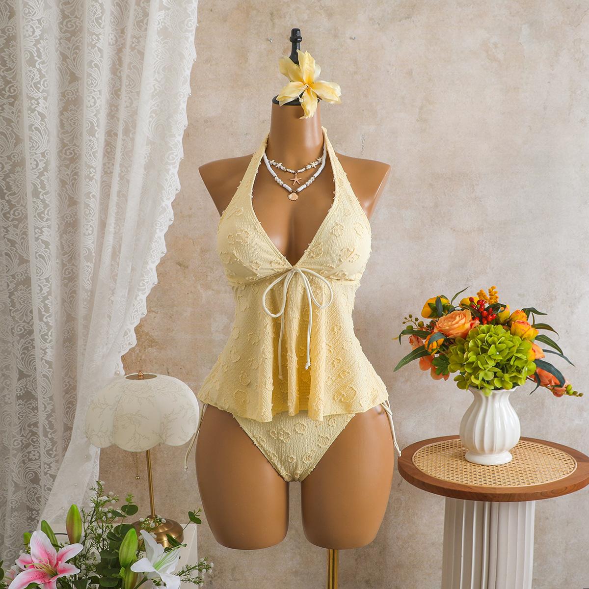 European and American floral special fabric tankini split swimsuit sexy bikini bikini S