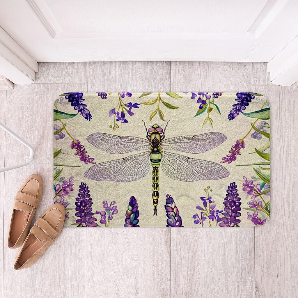 Purple Flowers Rug Watercolor Lavender Carpet Romantic Floral Doormat for Girls Teen,Wild Country Style Garden Flower Floor Mat