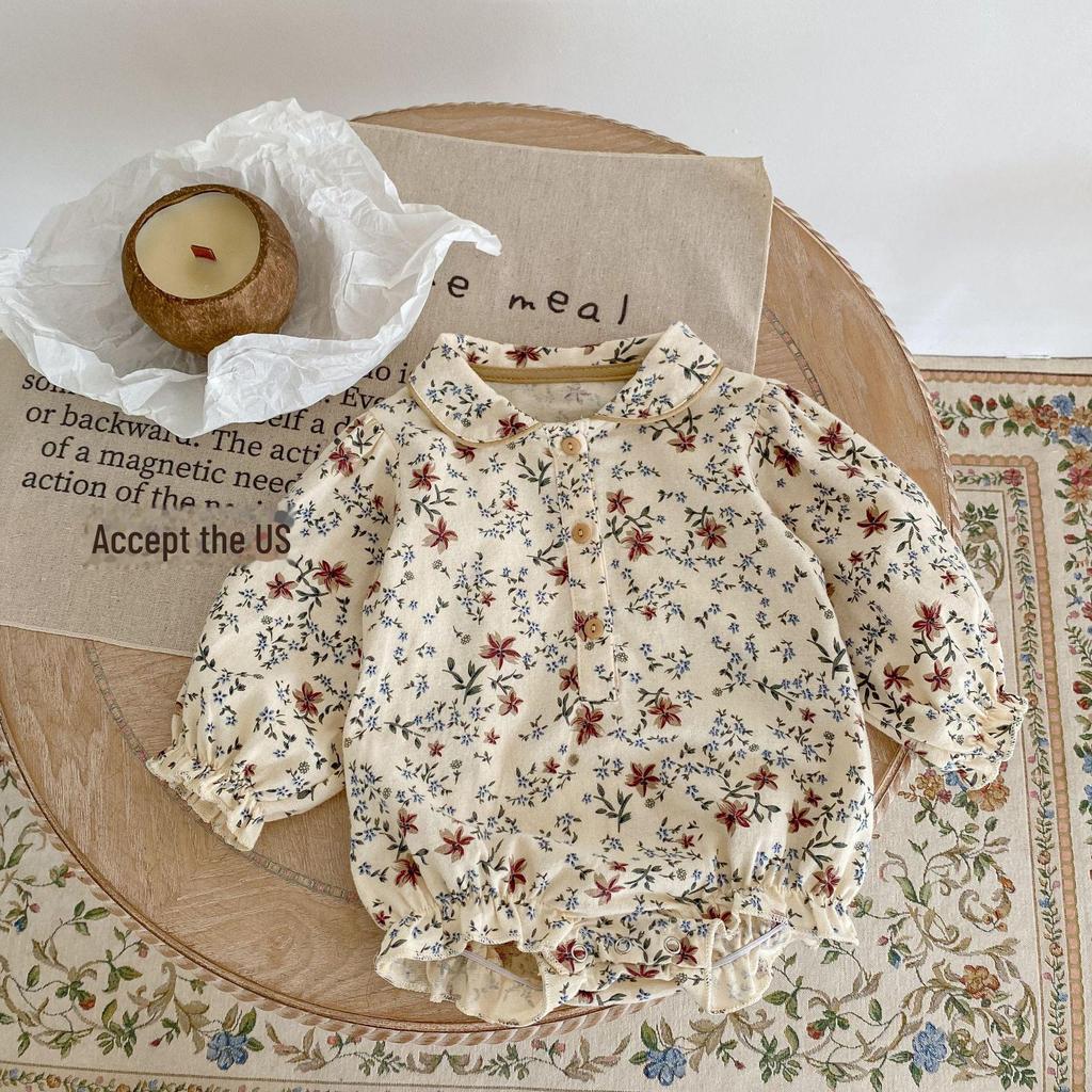 Autumn 2024 Baby Girl Cotton Romper: Printed, Lapel, Puff Sleeves, Long Sleeve, Loose Fit, Triangle Design for Crawling.
