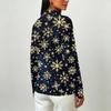 Women's Christmas Print Long Sleeve Button Front Collared Casual Top with Side Slits